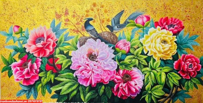 tranh hoa mẫu đơn dát vàng đẹp SN106