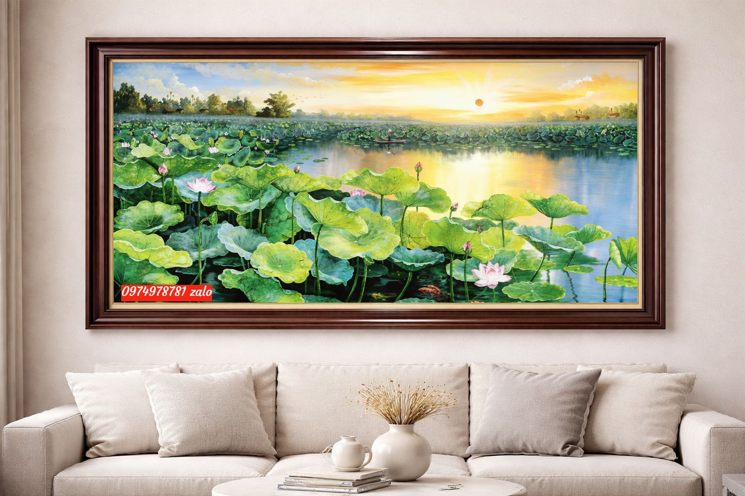 Tranh sơn dầu hoa sen phong cảnh yên bình