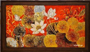 Tranh hoa sen sơn dầu tông đỏ SP4