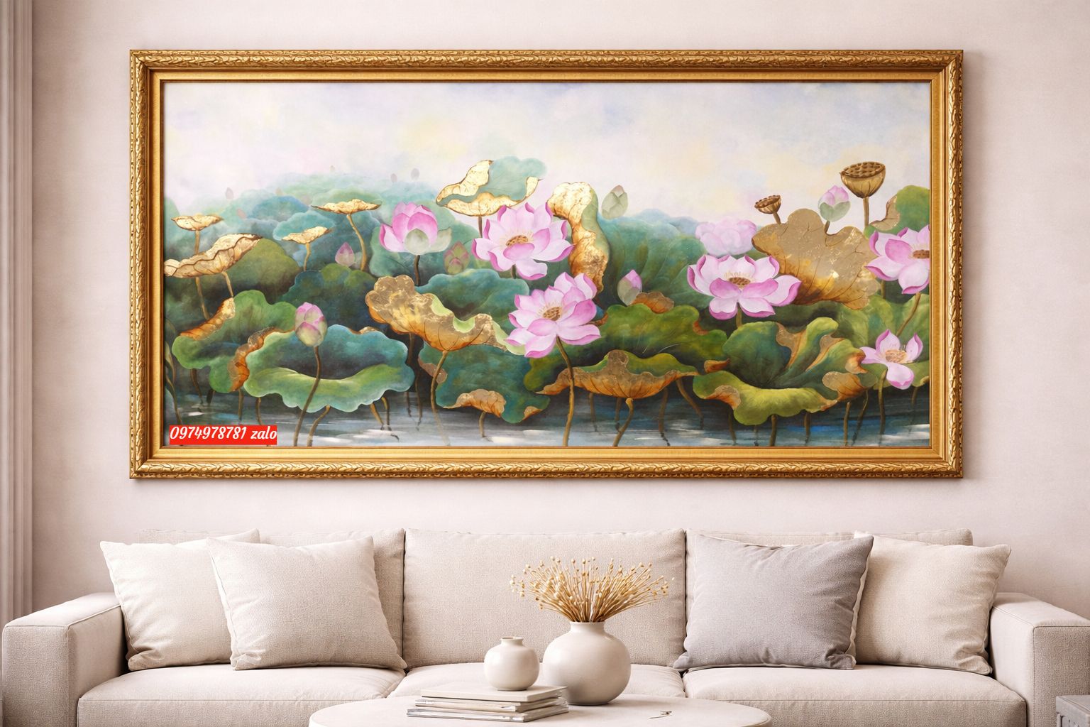 Tranh hoa sen sơn dầu vẽ tay dát vàng tinh tế